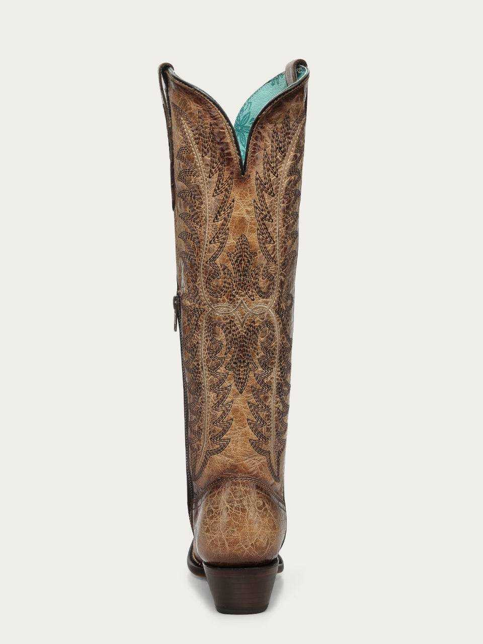 Women's Corral Sand Genuine Leather Boots with Embroidery & Metallic Welt Tall Top, brown leather boot with ornate embroidery