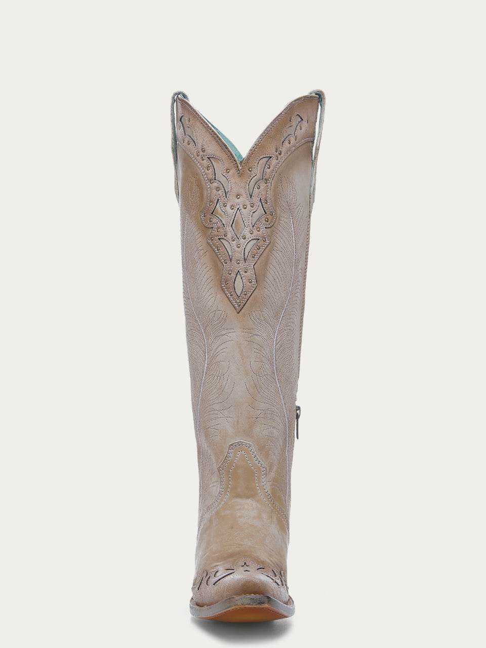 Women's Corral Sand Genuine Leather Boots with Feathers Embroidery in sand leather with tall shaft and western stitching