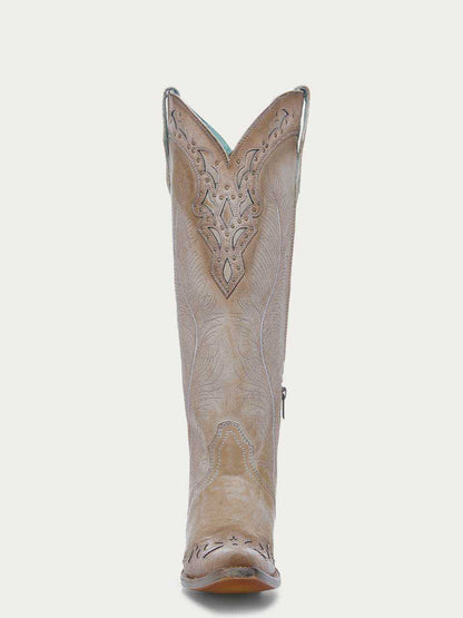 Women's Corral Sand Genuine Leather Boots with Feathers Embroidery in sand leather with tall shaft and western stitching