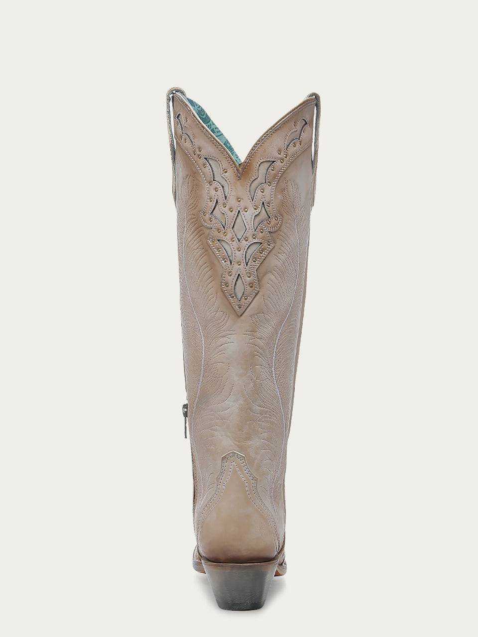 Women's Corral Sand Genuine Leather Boots with Feathers Embroidery, tall sand leather boot with Western feather detailing