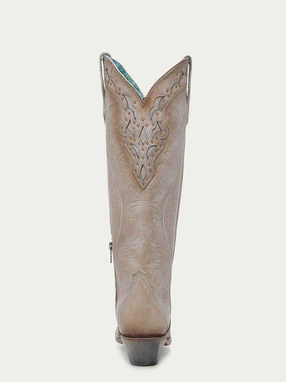 Women's Corral Sand Genuine Leather Boots with Feathers Embroidery, tall sand leather boot with Western feather detailing