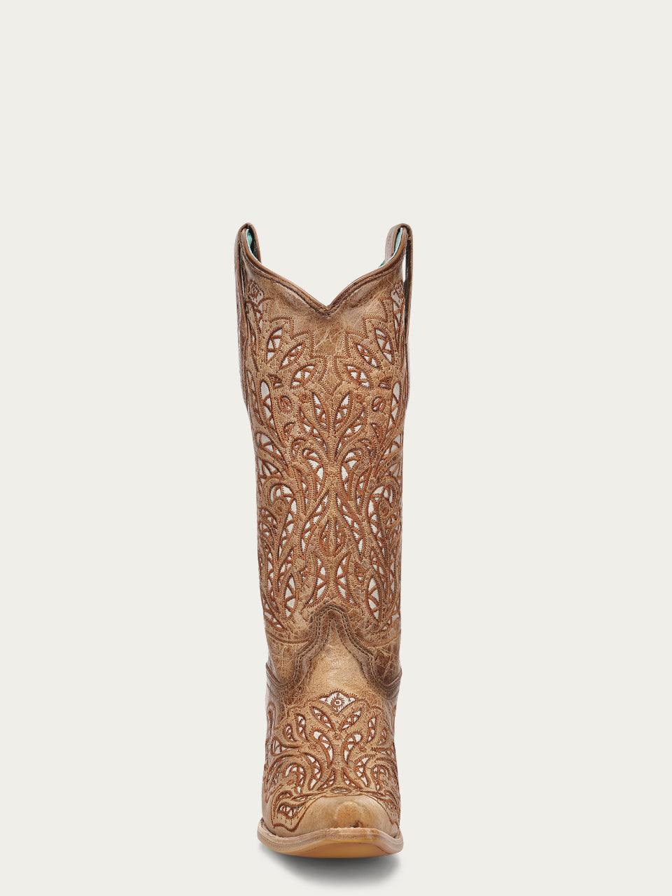 Women's Corral Sand Genuine Leather Boots in sand-brown leather with intricate floral cutout embroidery and pull-on straps