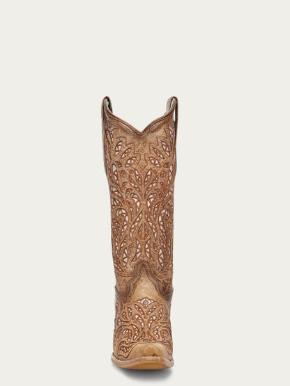 Women's Corral Sand Genuine Leather Boots in sand-brown leather with intricate floral cutout embroidery and pull-on straps