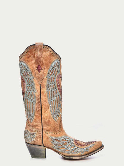 Women's Corral Sand Genuine Leather Boots with Heart & Wings, sand leather Western boot with ornate wing embroidery and snip toe