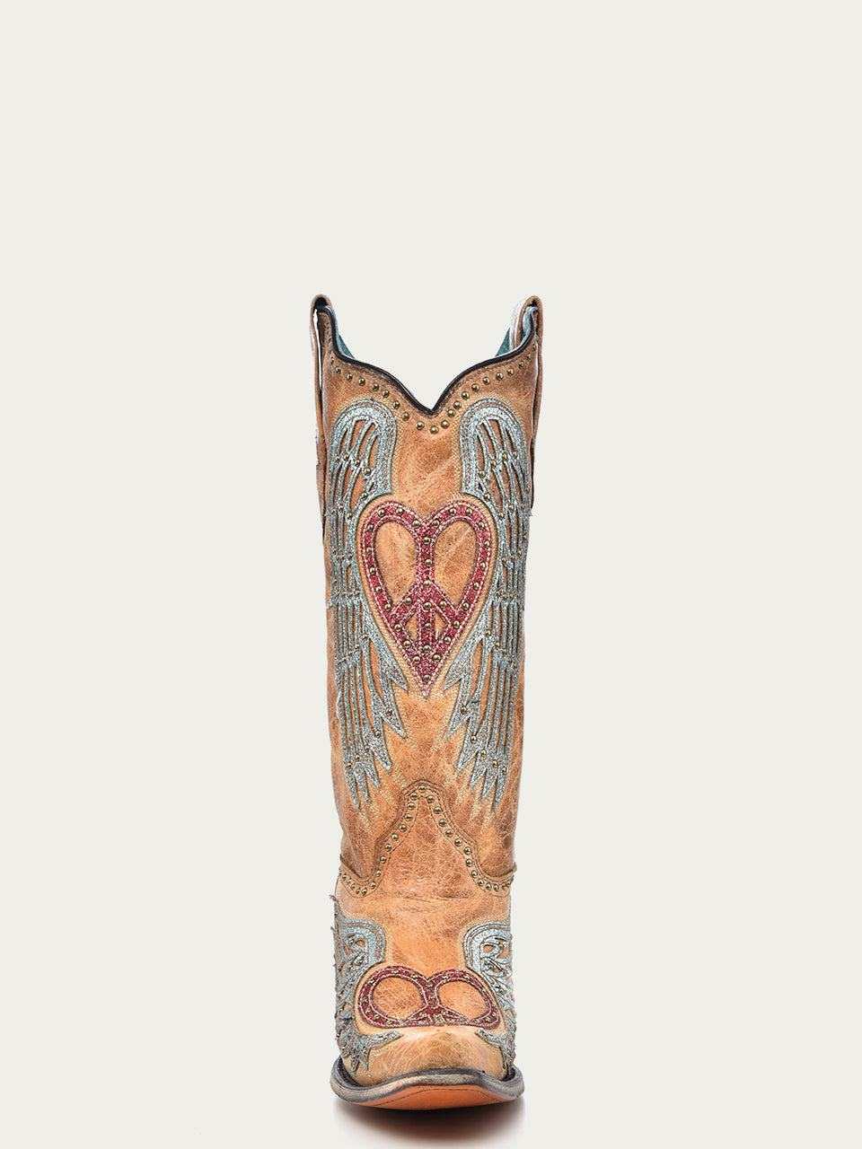 Women's Corral Sand Genuine Leather Boots with Heart & Wings, sand leather boot with winged heart embroidery and studs