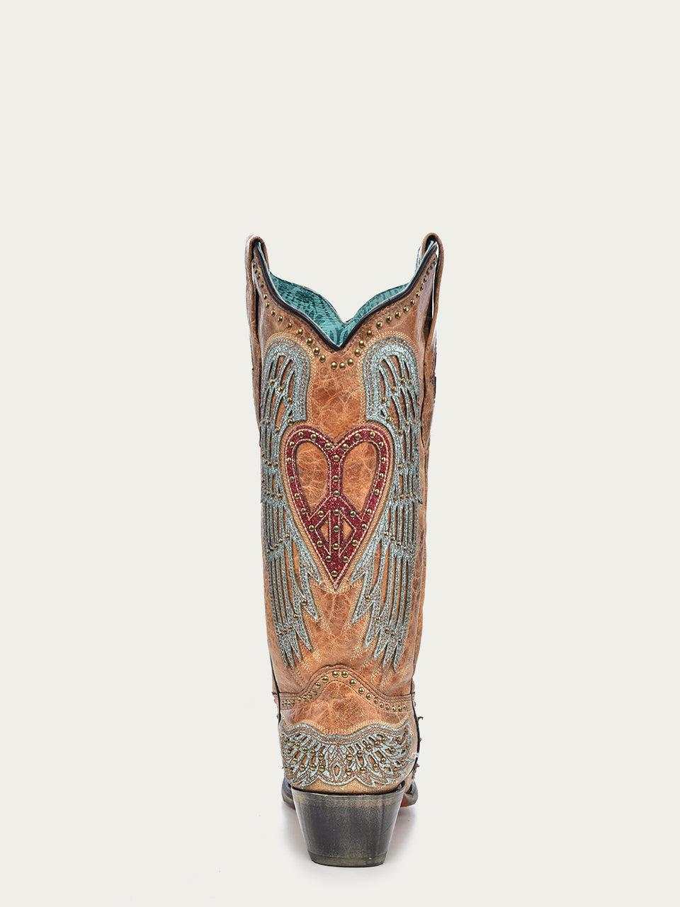 Women's Corral Sand Genuine Leather Boots with Heart & Wings, tan leather shaft with embroidered winged heart, studs and pull straps