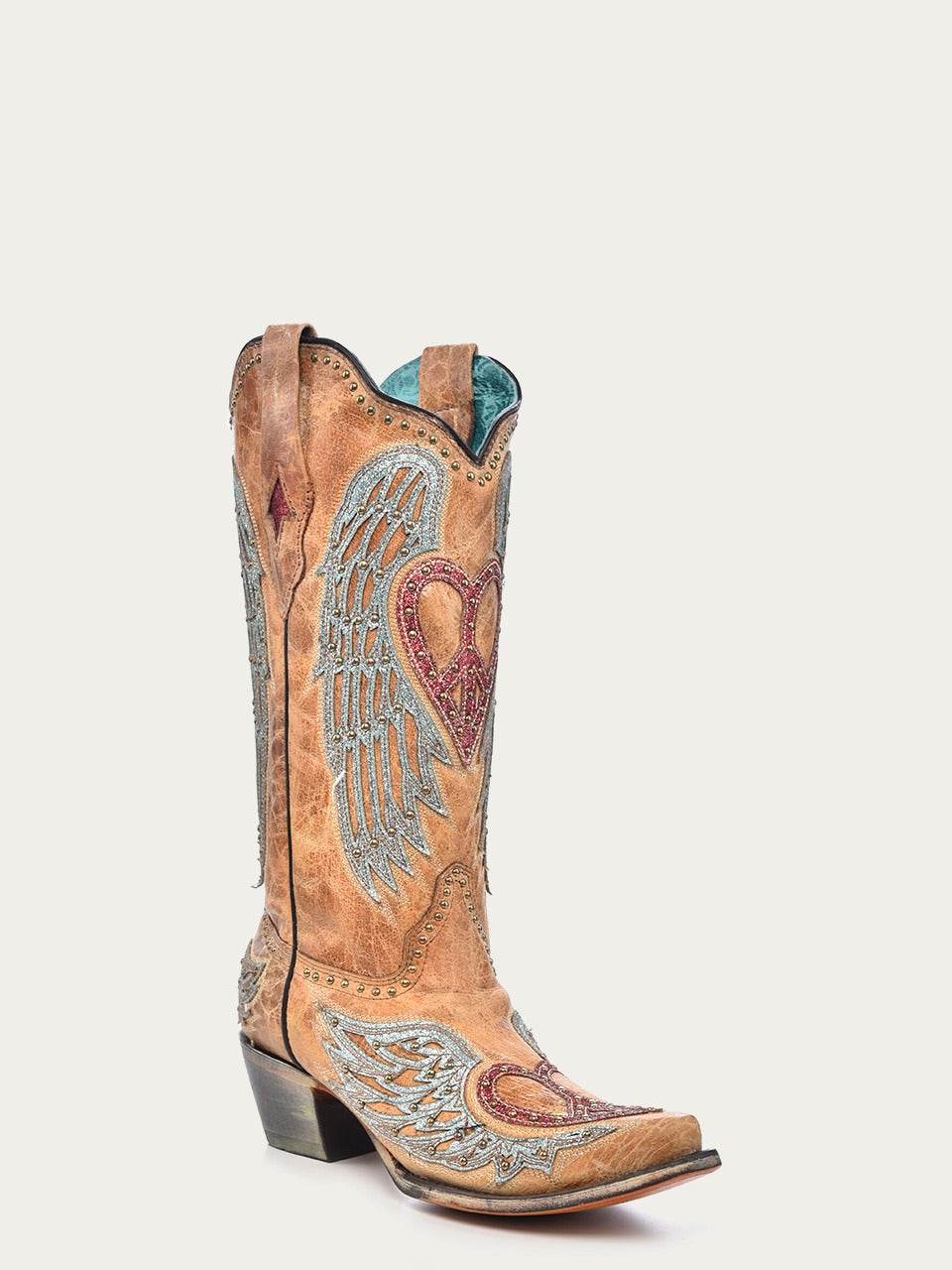 Women's Corral Sand Genuine Leather Boots with Heart & Wings Overlay & Embroidery & Studs