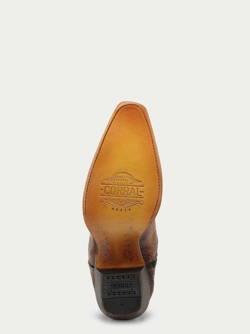 Women's Corral Sand Genuine Leather Boots with Embroidery & Metallic Welt Tall Top shown from below with branded leather sole