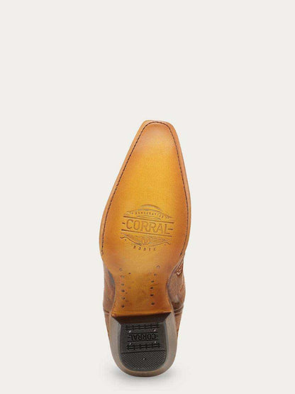 Women's Corral Sand Genuine Leather Boots with tan leather soles, embossed Corral branding, and textured rubber heel caps
