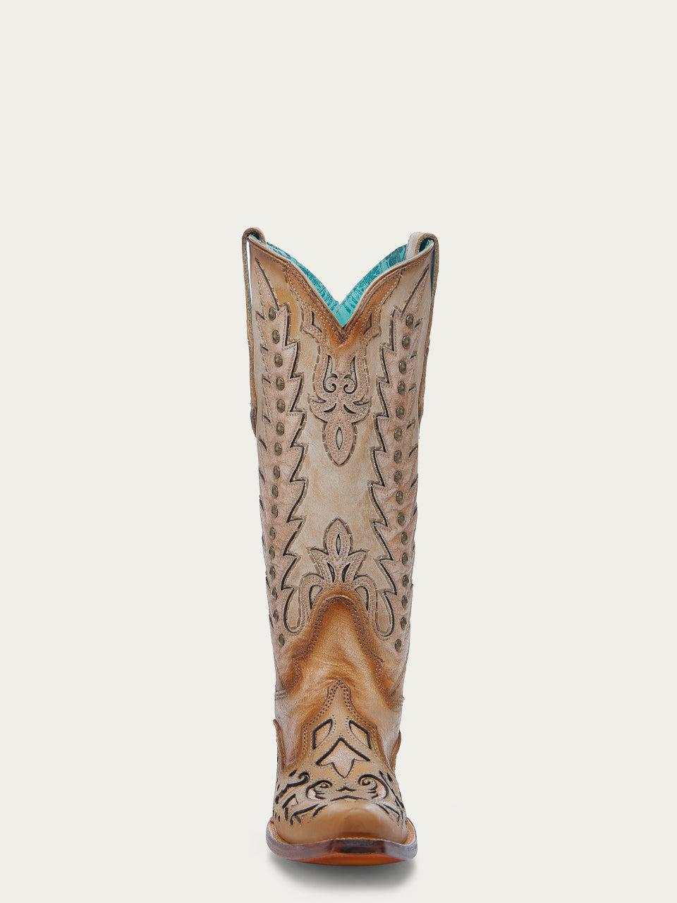 Women's Corral Sand Genuine Leather Boots with Embroidery, tan leather cowboy boot with dark stitched motifs and pointed toe