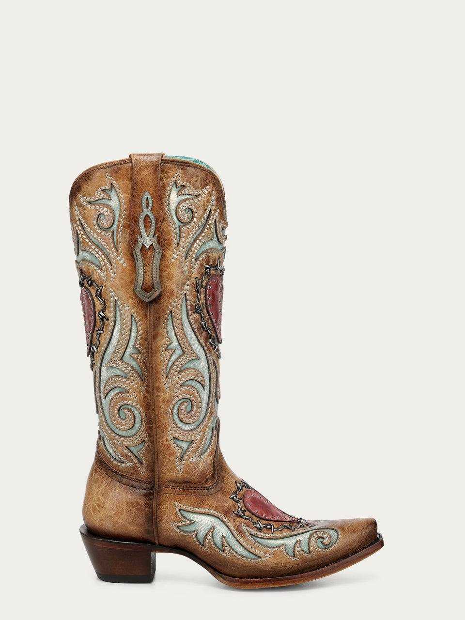 Women's Corral Sand Genuine Leather Boots with Heart Inlay & Embroidery, tan leather with turquoise stitching, heart inlays and studs