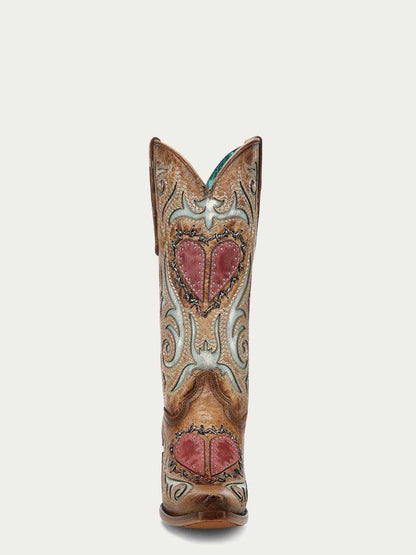 Women's Corral Sand Genuine Leather Boots with Heart Inlay & Embroidery, tan leather shaft with red heart panels and turquoise stitching