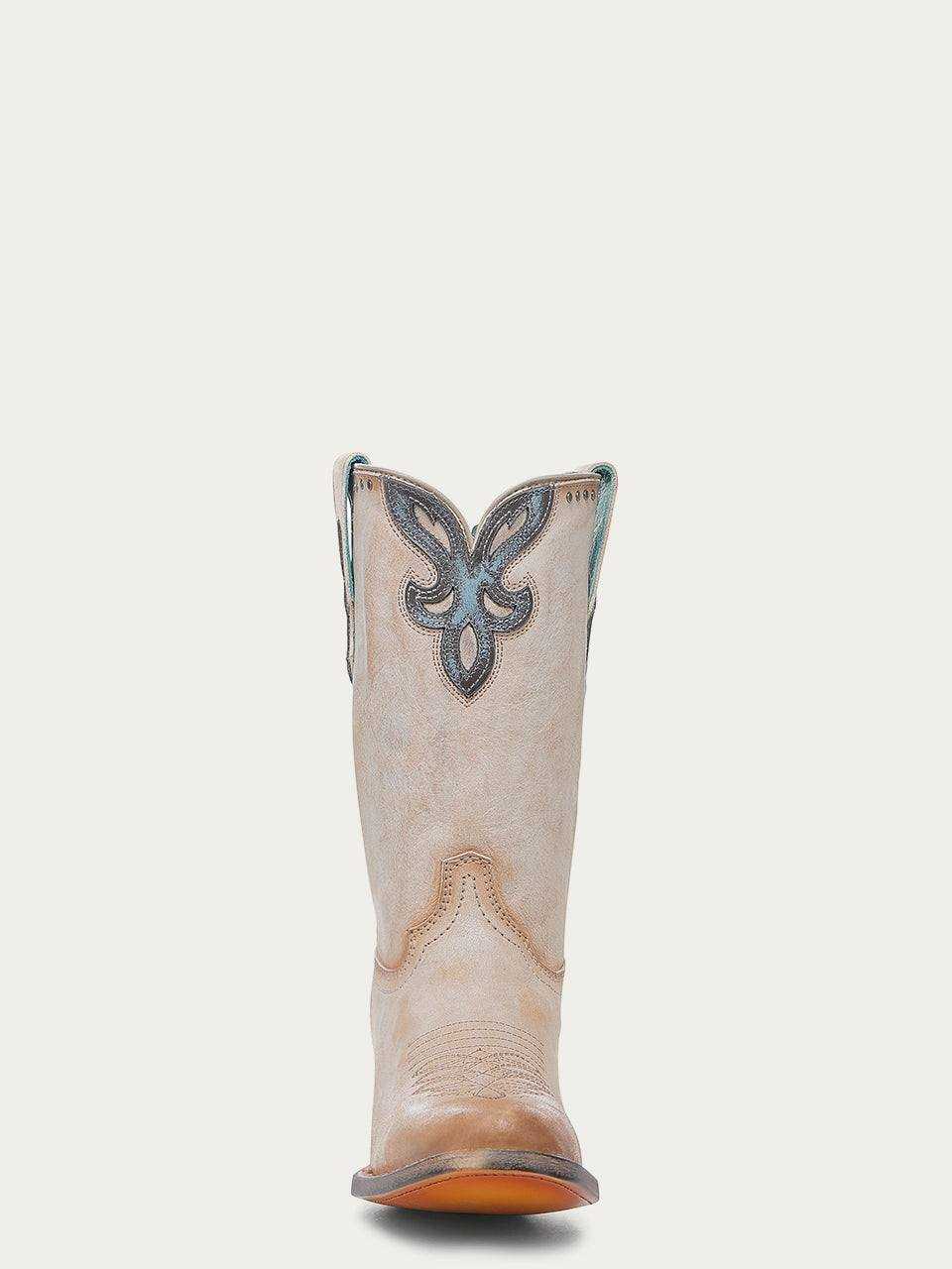 Women's Corral Sand Genuine Leather Boots with Studs, sand leather cowboy boots with dark ornamental shaft embroidery.