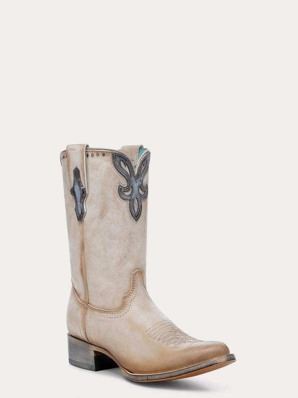 Women's Corral Sand Genuine Leather Boots with Studs in pale sand leather, featuring turquoise embroidered shaft overlays and a pointed toe