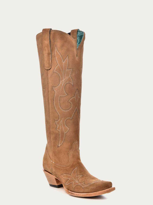 Women's Corral Sand Genuine Suede tall Western boot in tan suede with tonal stitched embroidery, snip toe and stacked heel
