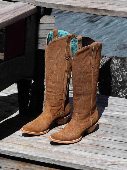 Women's Corral Sand Genuine Suede boots in warm tan suede with tonal floral embroidery, turquoise lining, and snip toes