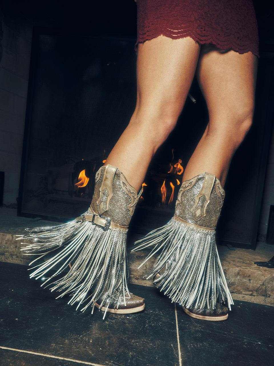 Women's Corral Silver Genuine Leather Boots with Harness & Studs & Fringes, silver leather Western boots with crystal fringe