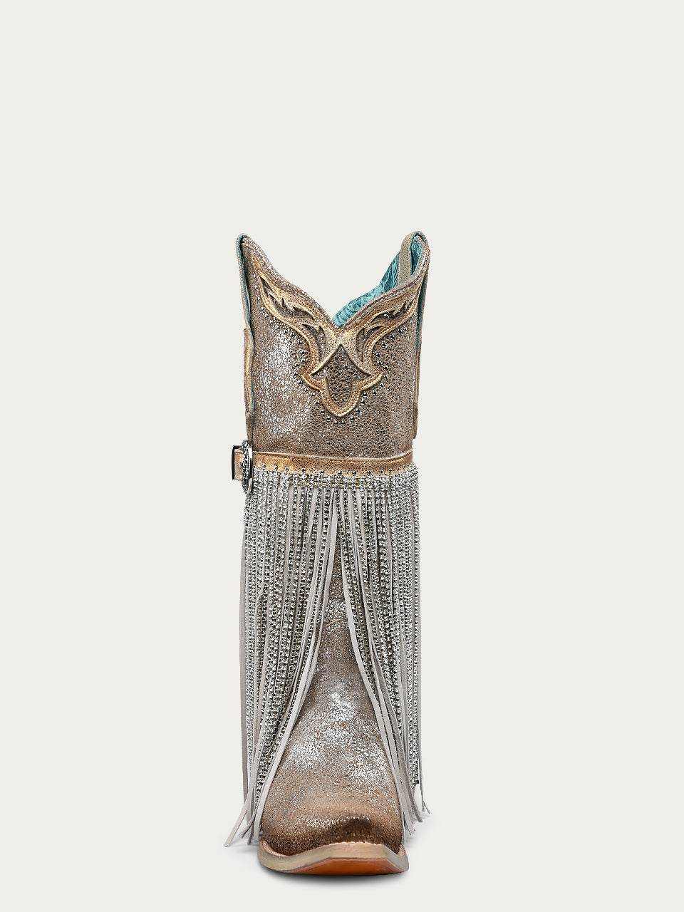 Women's Corral Silver Genuine Leather Boots with Harness & Studs & Fringes, metallic leather Western boot with ornate overlay and long crystal fringe