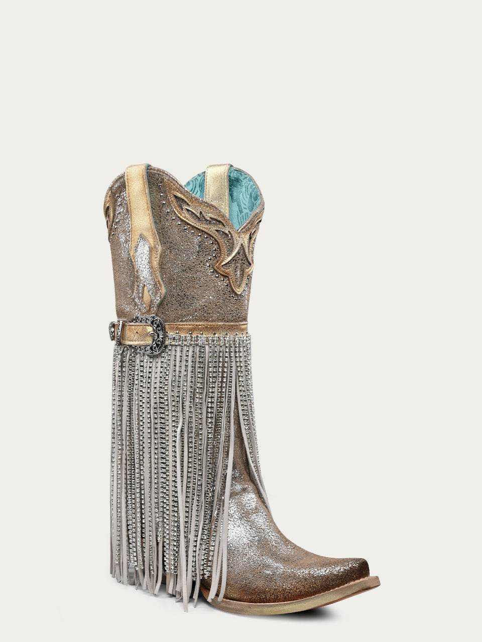 Women's Corral Silver Genuine Leather Boots with Gold Metallized Leather & Harness & Studs & Fringes & Overlay & Crystals