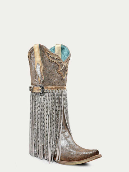 Women's Corral Silver Genuine Leather Boots with Harness & Studs & Fringes, metallic leather snip-toe boot with crystal fringe