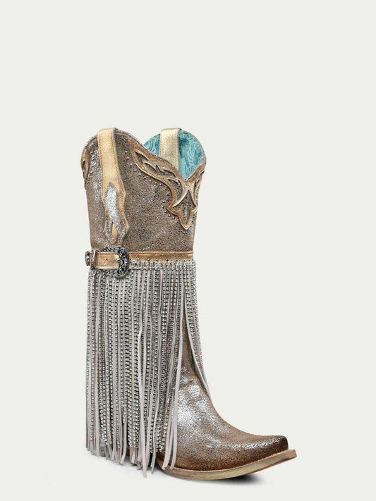 Women's Corral Silver Genuine Leather Boots with Harness & Studs & Fringes, metallic leather snip-toe boot with crystal fringe