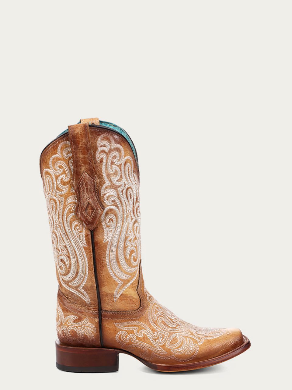Women's Corral Straw-Blue Genuine Leather Boots with Luminescent Embroider, tan leather western boot with ornate white embroidery