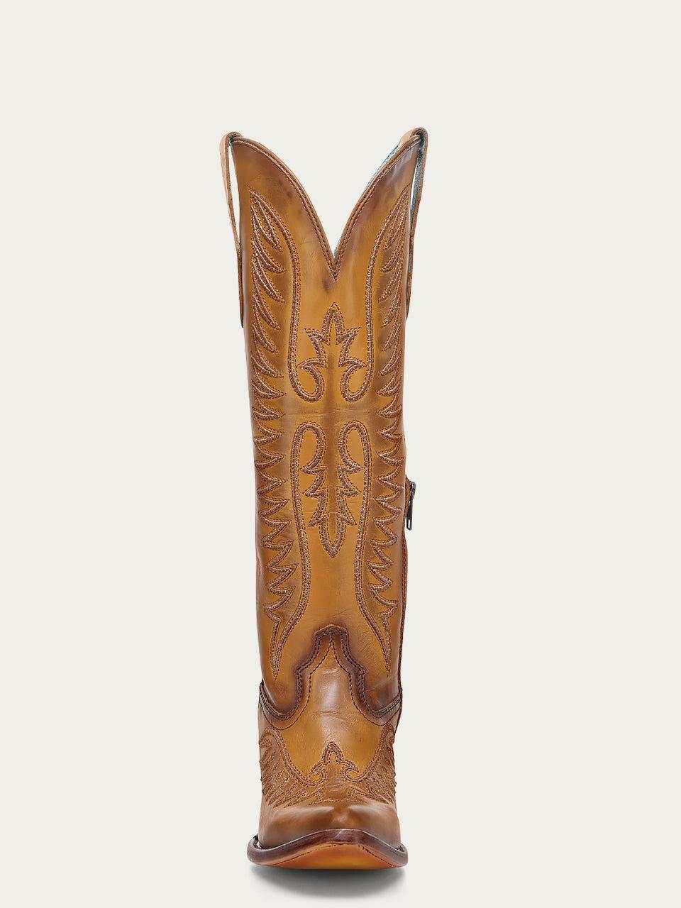 Women's Corral Tan Genuine Leather Boots with Embroidery, a tan tall leather cowboy boot with ornate stitched patterns