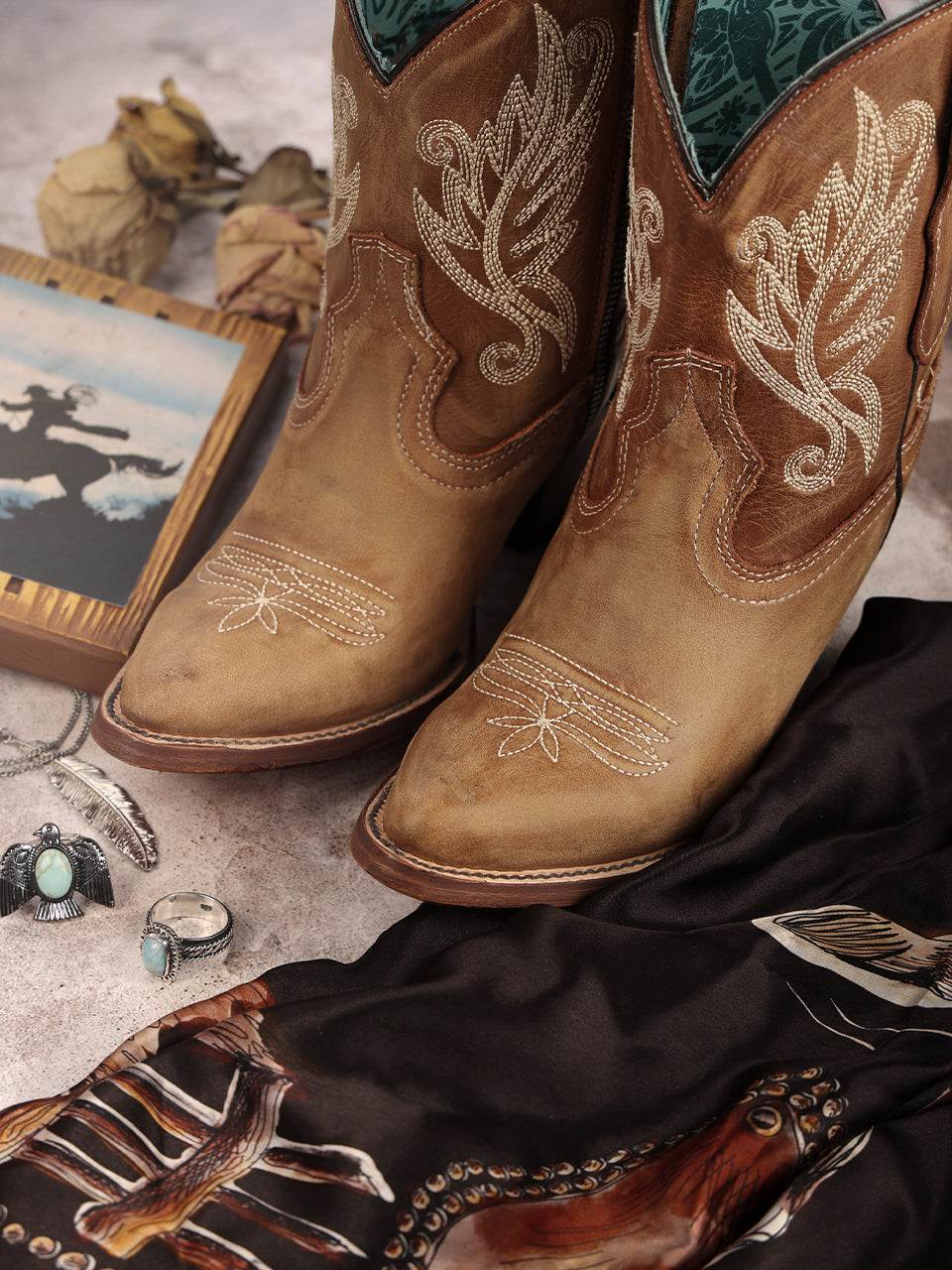Women's Corral Tan Leather Ankle Boots with Embroidery featuring tan leather, intricate embroidery, and classic J-toe profile