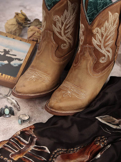 Women's Corral Tan Leather Ankle Boots with Embroidery featuring tan leather, intricate embroidery, and classic J-toe profile