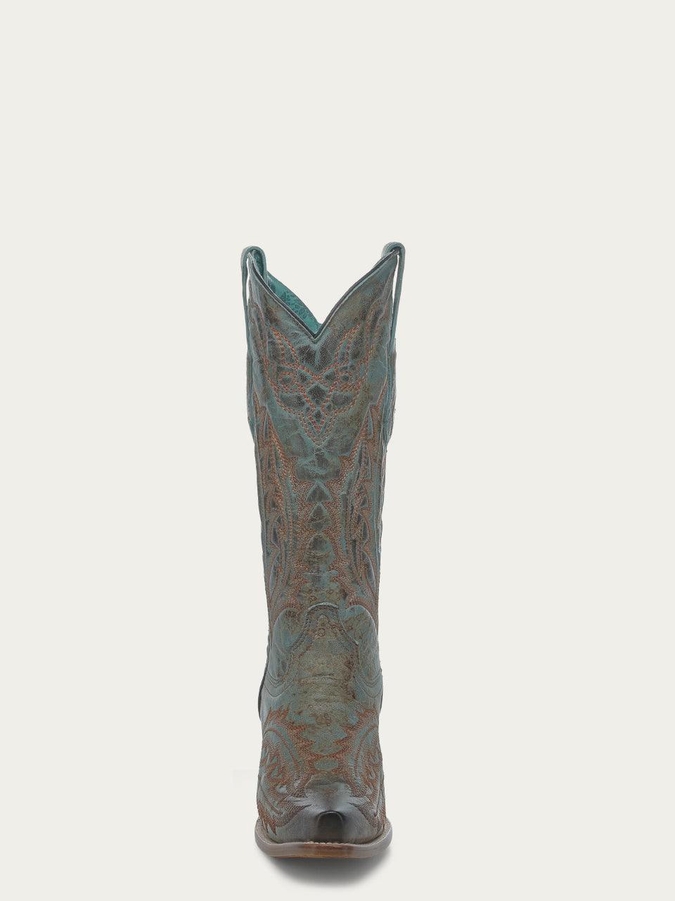 Women's Corral Turquoise Genuine Leather Boots with Embroidery featuring distressed leather and ornate western stitching