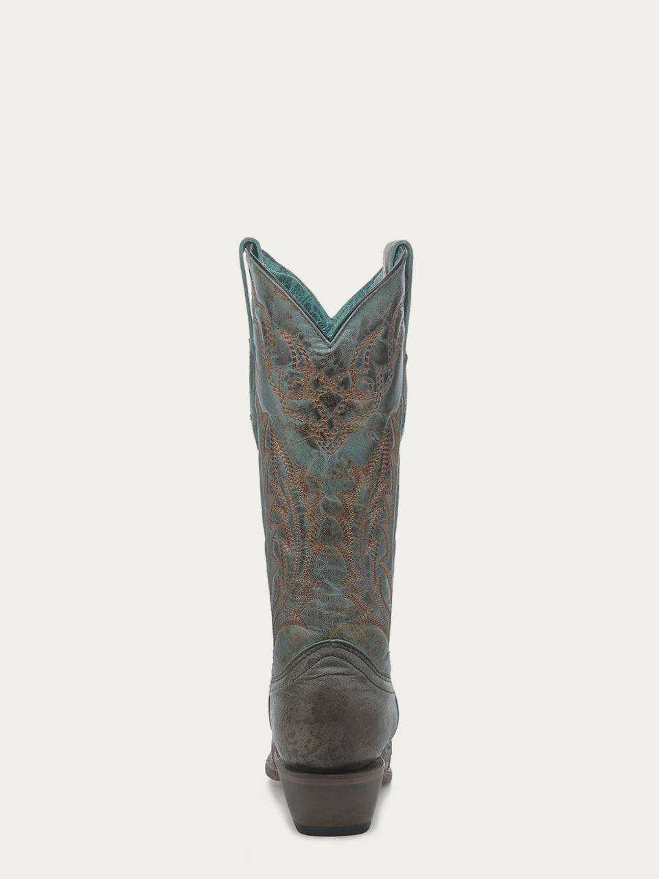 Women's Corral Turquoise Genuine Leather Boots with Embroidery, distressed leather with ornate western stitching and pull-on shaft
