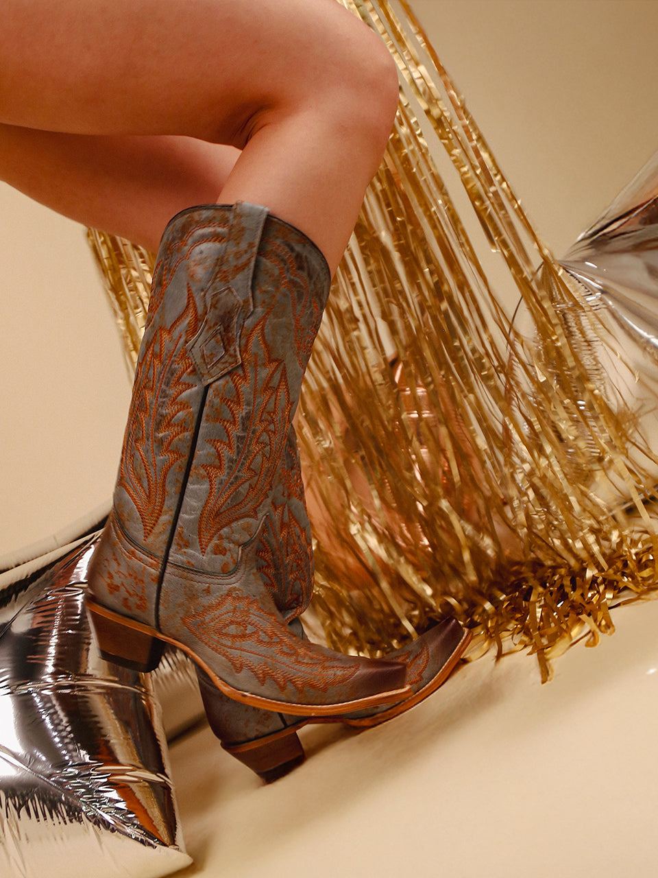 Women's Corral Turquoise Genuine Leather Boots with Embroidery, distressed leather pair with ornate western stitching, snip toes and stacked heels