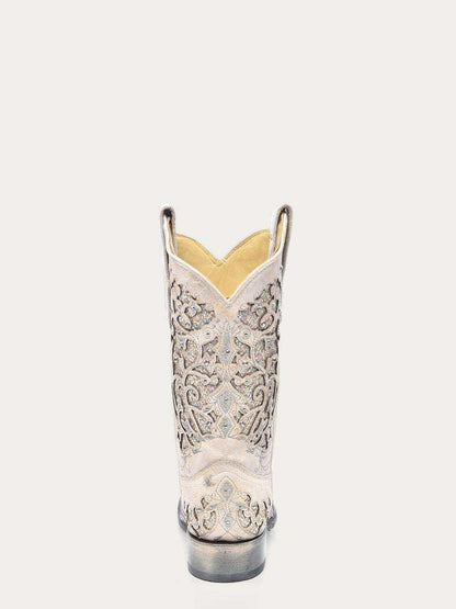 Women's Corral Wedding Boots in white genuine leather with crackled finish, glitter inlay, crystals, and western embroidery