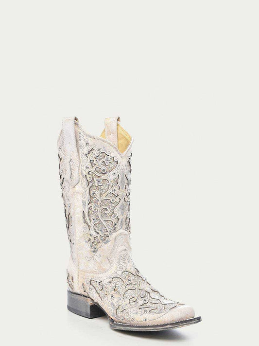 Women's Corral Wedding Boots in white genuine leather with crackled finish, glitter inlays, crystals, and intricate embroidery