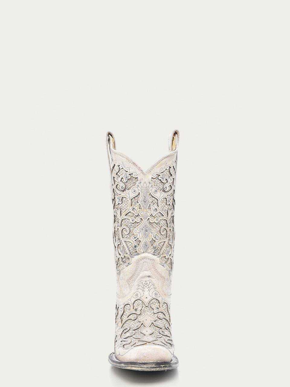 White genuine leather Women's Corral Wedding Boots with crackled finish, intricate western embroidery, glitter inlays, crystals