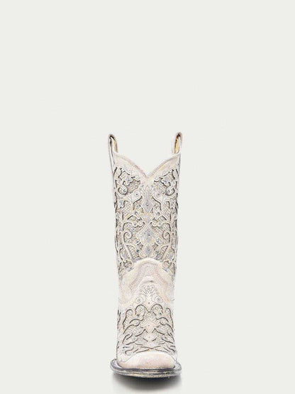 White genuine leather Women's Corral Wedding Boots with crackled finish, intricate western embroidery, glitter inlays, crystals