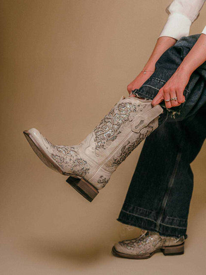 Women's Corral Wedding Boots white genuine leather with glitter inlay, crystals, western embroidery, square toe, stacked heel