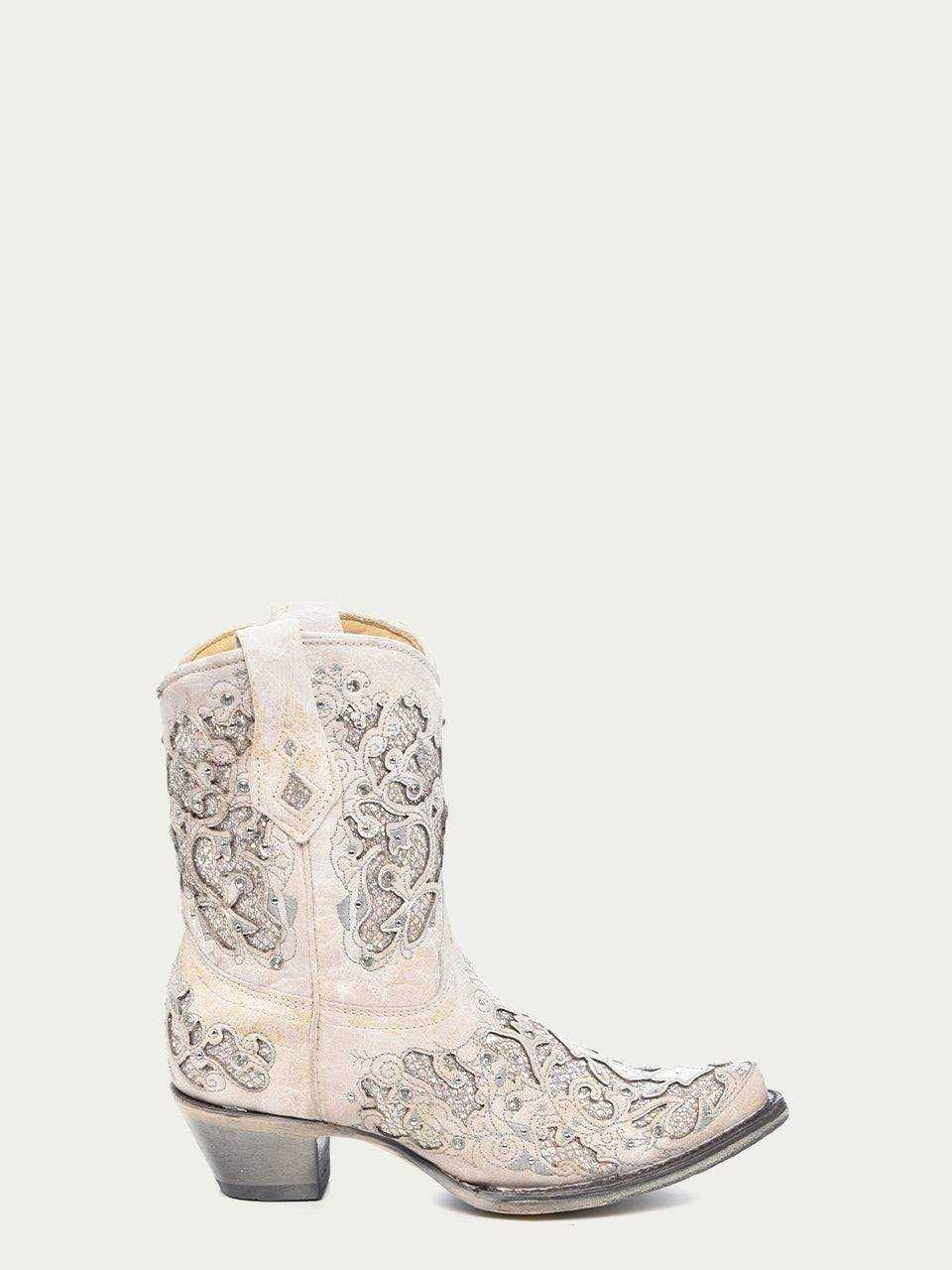 Women's Corral White Boots with Glitter Inlay & Crystals in lightly crackled leather with ornate glitter and crystal embroidery