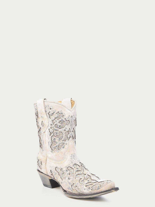 Women's Corral White Boots with Glitter Inlay & Crystals, white leather Western boot with ornate glitter and crystal detailing