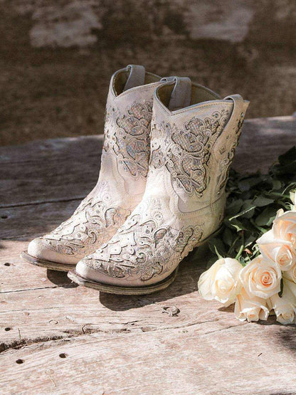 Women's Corral White Boots with Glitter Inlay & Crystals, white leather Western boots with ornate floral embroidery