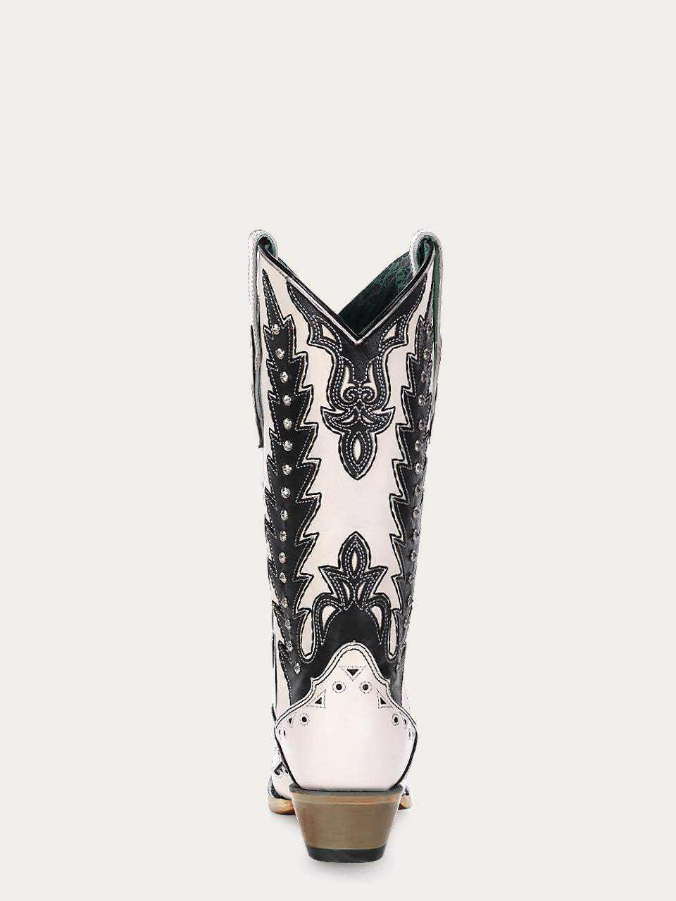 Women's Corral White Genuine Leather Boots with Black Embroidery & Overlay, tall cowboy boots with ornate black stitching and studs