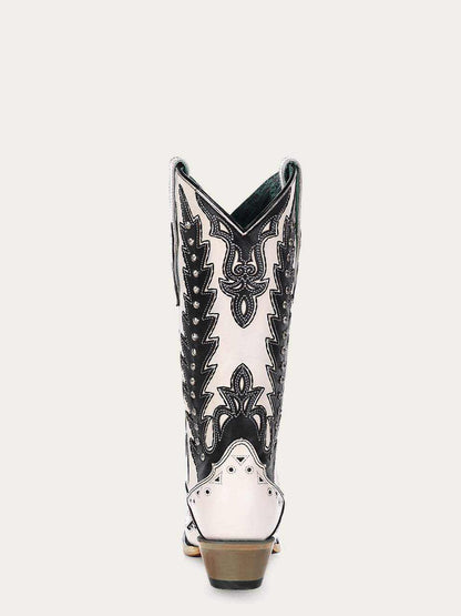 Women's Corral White Genuine Leather Boots with Black Embroidery & Overlay, tall cowboy boots with ornate black stitching and studs