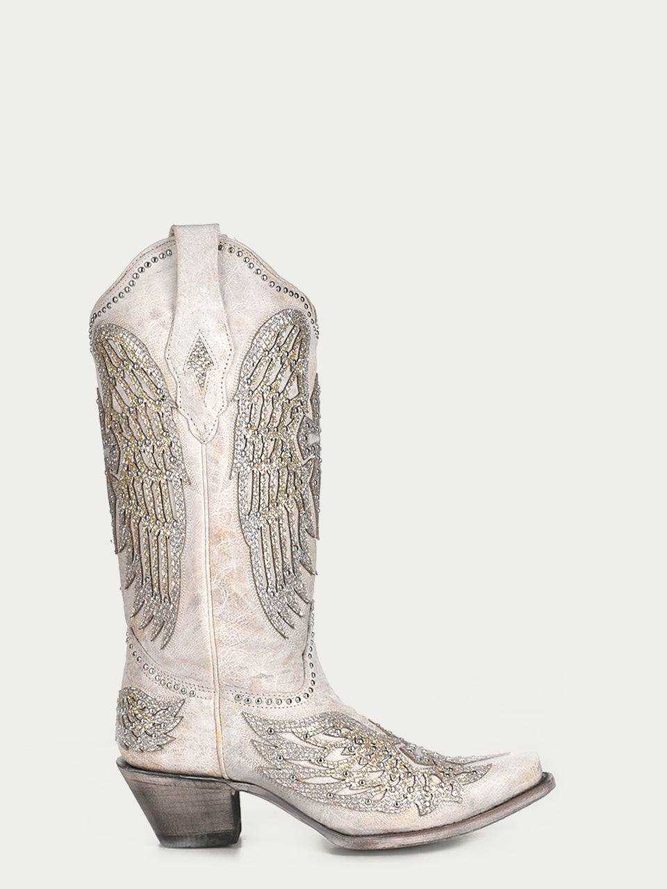 Women's Corral White Genuine Leather Boots with Cross & Wings, embroidered wing and cross detailing, snip toe