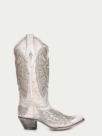 Women's Corral White Genuine Leather Boots with Cross & Wings, embroidered wing and cross detailing, snip toe