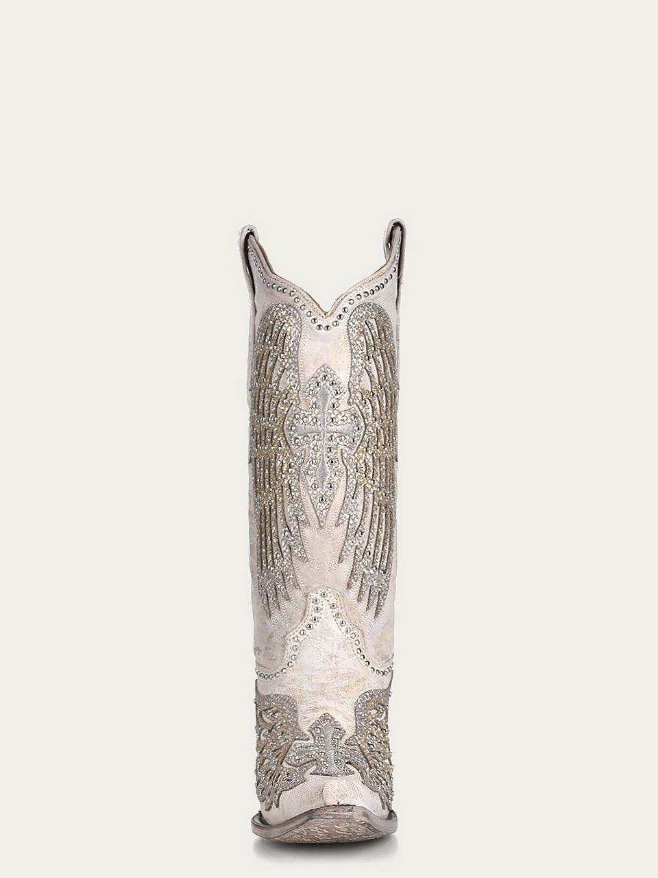 Women's Corral White Genuine Leather Boots with Cross & Wings, white leather boot with ornate winged cross embroidery and sequins
