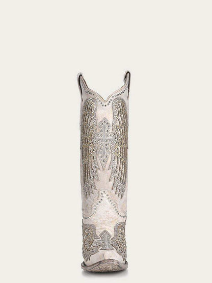 Women's Corral White Genuine Leather Boots with Cross & Wings, white leather boot with ornate winged cross embroidery and sequins