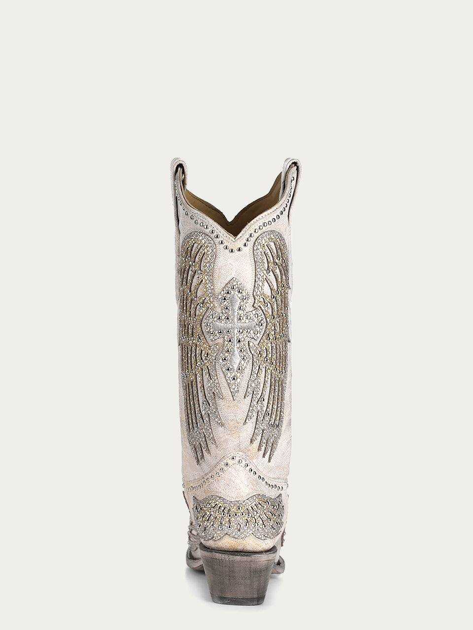 Women's Corral White Genuine Leather Boots with Cross & Wings featuring ornate wing embroidery, glitter and sequins