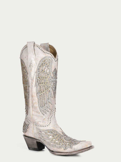 Women's Corral White Genuine Leather Boots with Cross & Wings, embroidered western boots with sequined wing motif and snip toe