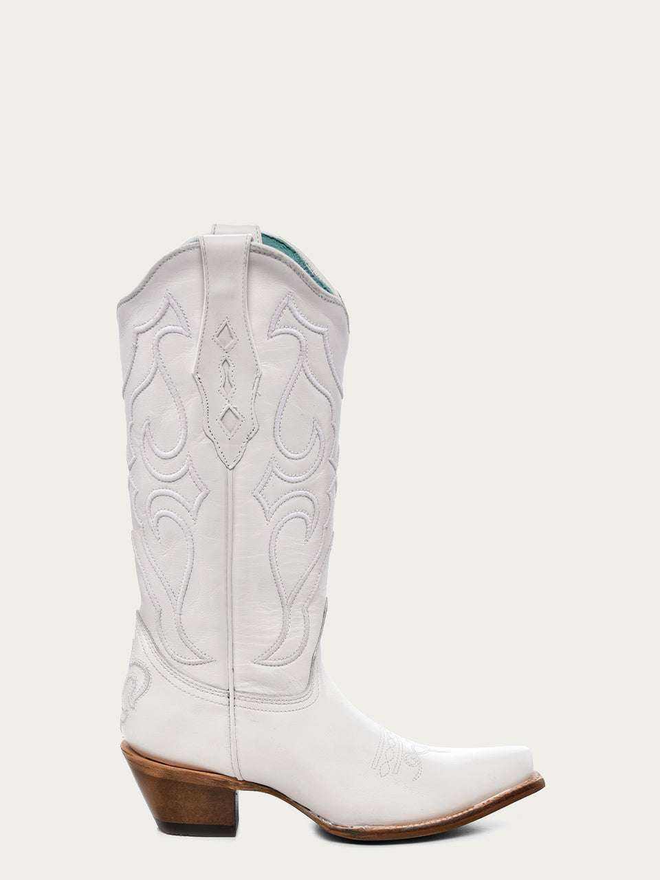Women's Corral White Genuine Leather Boots with Embroidery, white leather western boot with stitched floral patterns and snip toe