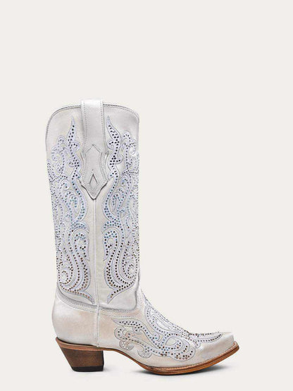 Women's Corral White Genuine Leather Boots with Embroidery & Crystals, white leather with paisley embroidery and snip toe
